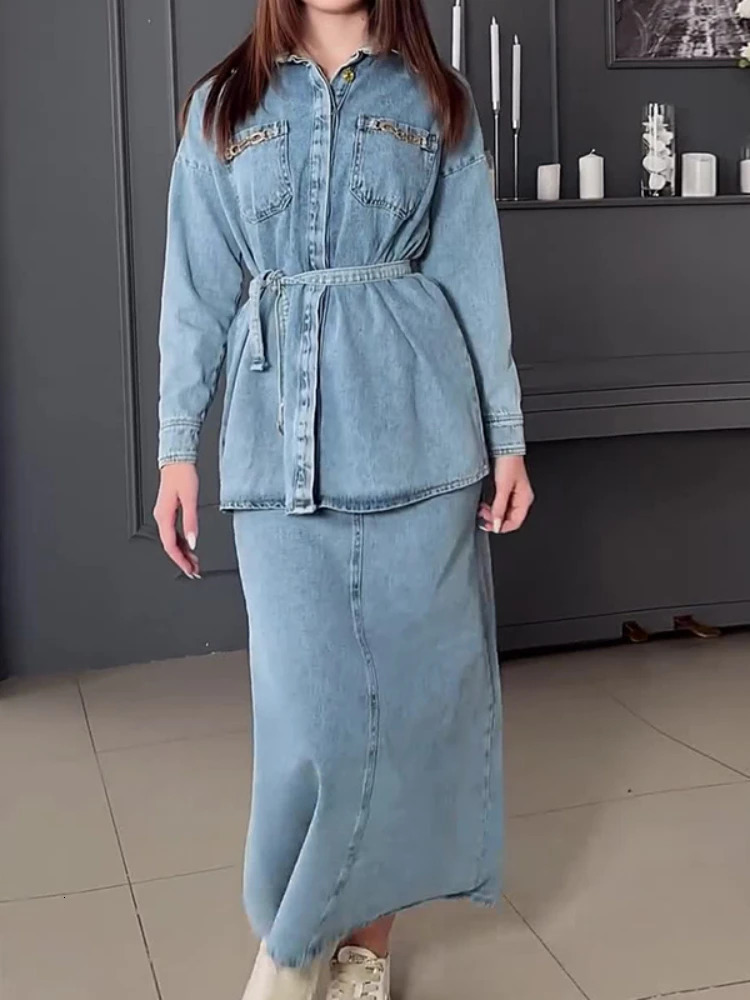 Two Piece Skirt Sets Women High Waist Long Denim Skirts Button Full Sleeve Splice Jeans Coats Pocket Lace Up Loose Fit 250207