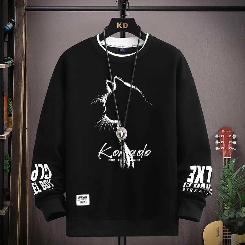 Spring and Autumn Mens Sportswear Japanese Cartoon Cat Sportswear Long Sleeve O-Neck T-shirt Harajuku Street Mens Wear 2024 W250207