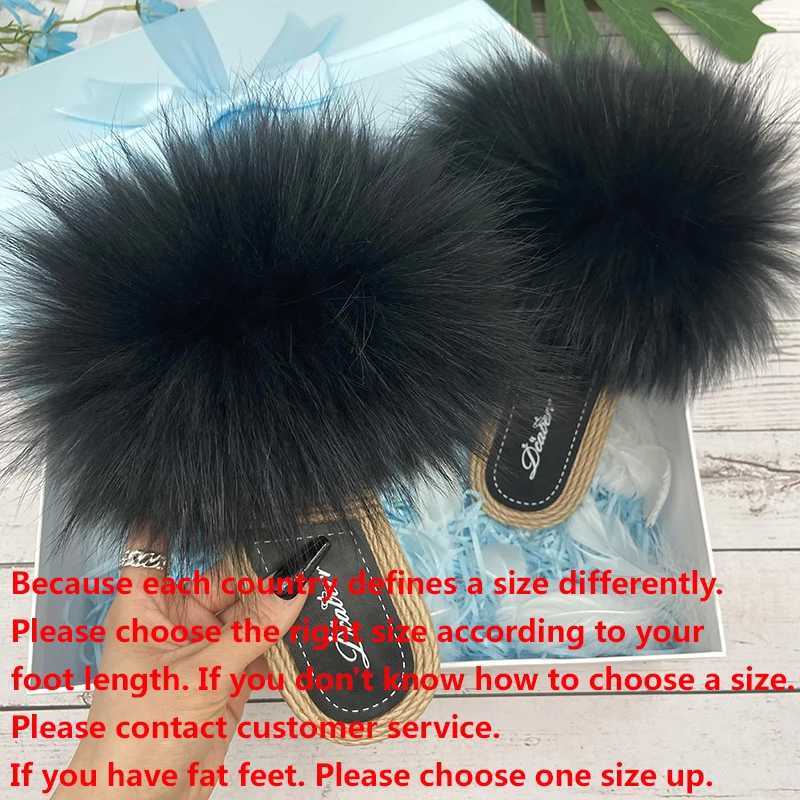 Fur Slippers Woman Flats Faux Str Sandals Real Racco Fox Fur Summer Ladies Light Flip Flops 2024 Fi New Beach SlidesXJ250207