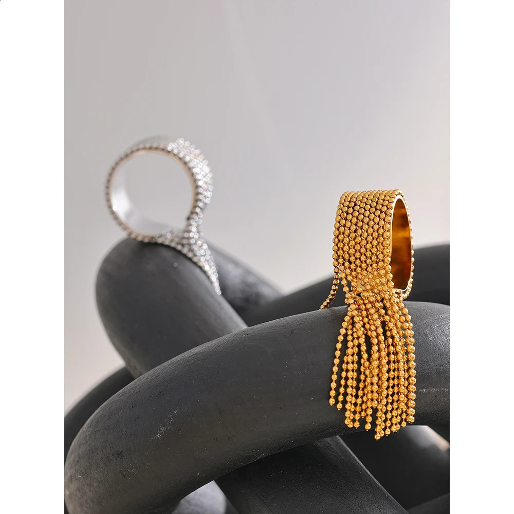 Yhpup Statement Stainless Steel Chain Tassel Finger Ring Adjustable 18K PVD Plated High Quality Charm Stylish Golden Jewelry 250206