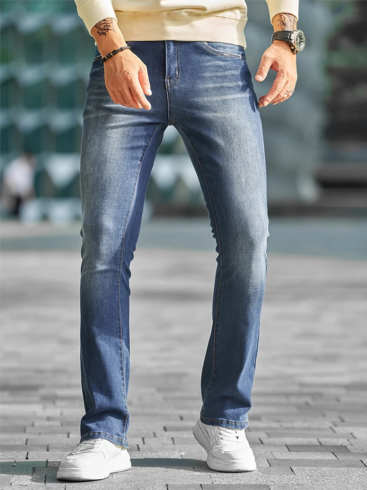 Simple and fashionable mens jeans slim-fit stretch flared pants mens washed denim trousers. 250206