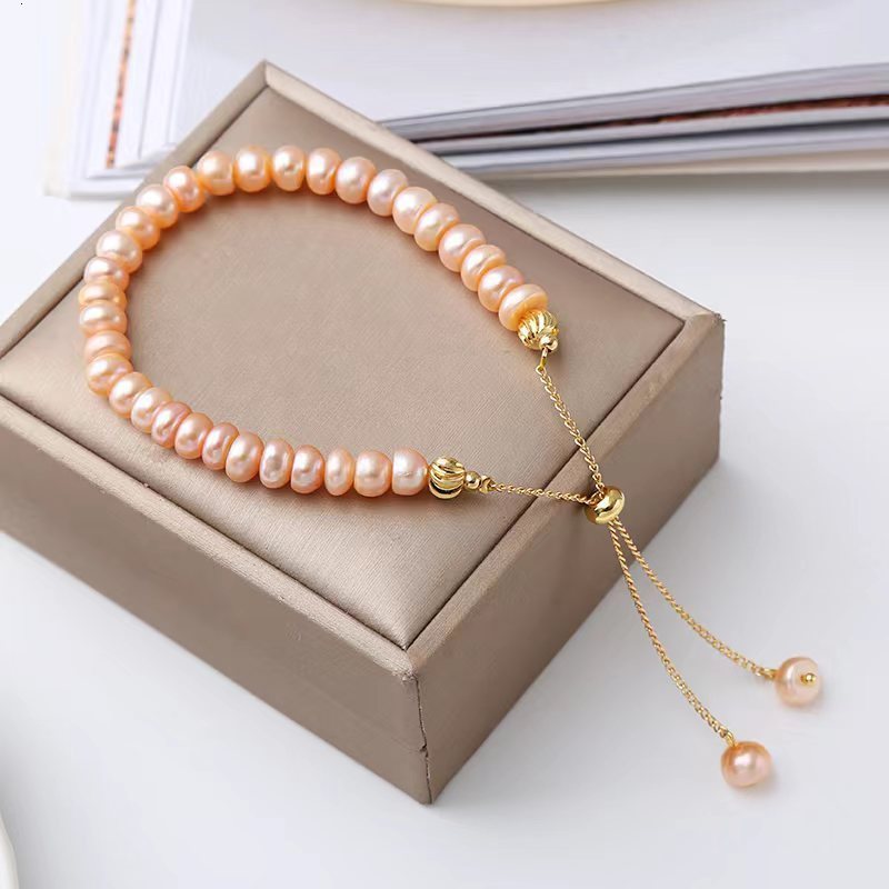 100% Natural Freshwater Pink Pearl Simple 14K Gold Filled Female Beads Chain For Women Bracelet Jewelry Gifts No Fade 250121
