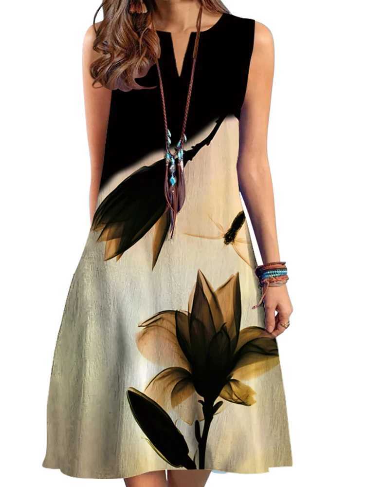 2024 European and American Cross-border WOMENS Clothing New Dress V-neck Sveless Sexy Printed Large Hem Medium Length DressXJ2500207