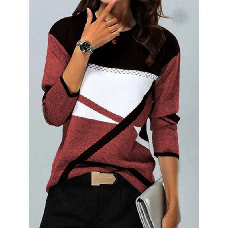 2021 women's supports sales of color blocking positioning printed round neck long sleeved T-shirts on various platforms. 2024 new casual fashion 