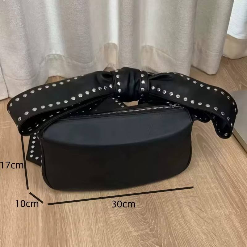 Rivet Designer Black Shoulder Bow Lace-Up Fahsion Brand Handbags PU Grunge Punk Crossbody Zipper Streetwear Bags Women
