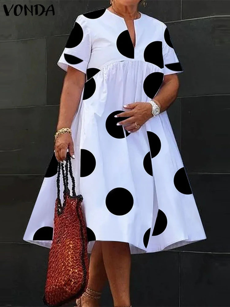 VONDA Plus Size 5XL Women Polka Dot Dress 2024 Summer V Neck Party Sundress Bohemian Maxi Long Dress Vestido Beach Robe Elegant 250207