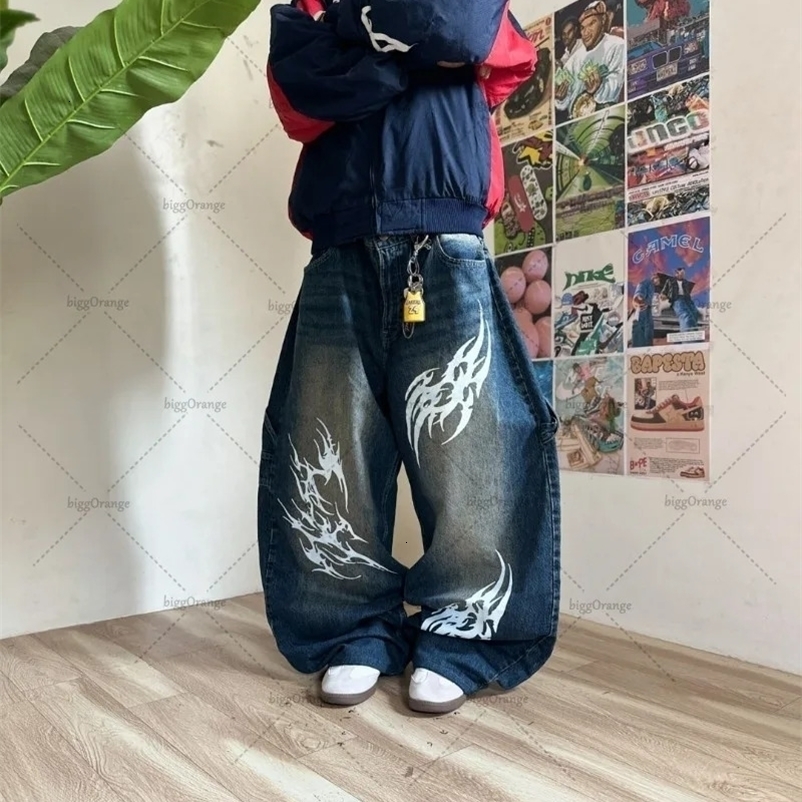Y2K Korean Loose Jeans Harajuku Fashion Embroidered Pattern Hip-hop Versatile Denim Pants Straight Leg Casual Wide Leg Pants 250206