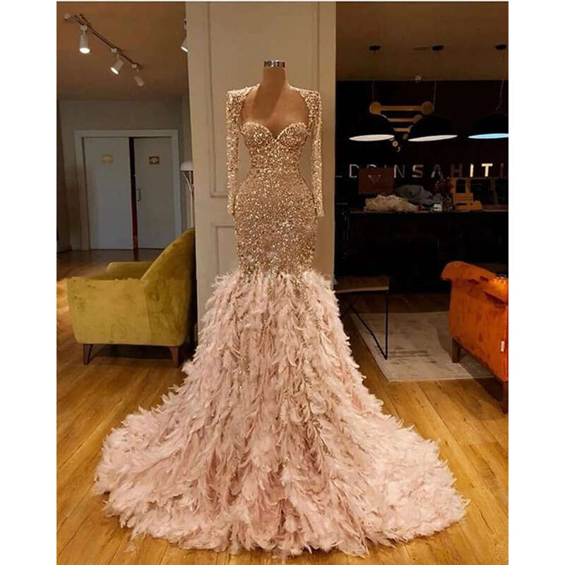 Glitter Gold Sequin Mermaid Feather African Prom Dresses Long Sleeve One Shoulder Evening Gown Plus Size Graduation Formal Dress