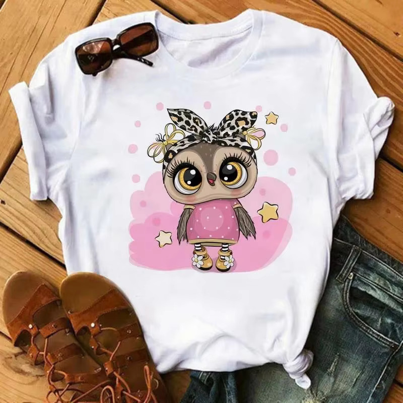 Cartoon Owl Graphic Print Women Men Fashion Vintage Haruku Short Sleeve Crew Neck Plus Size T Shirt Unisex