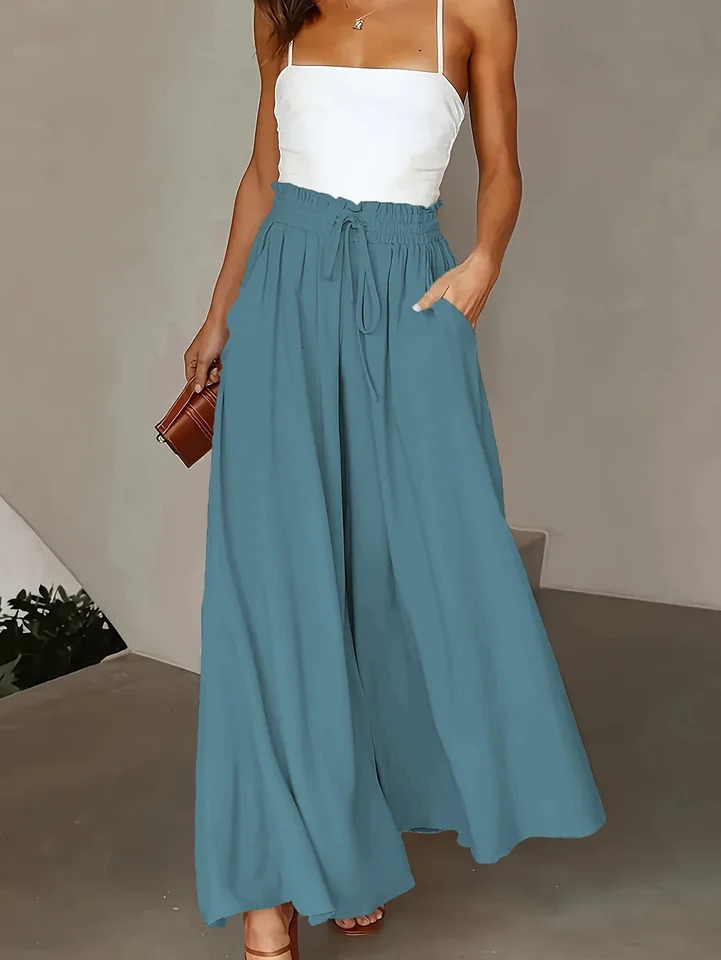 Plus Size Wide Leg Pants Comfortable Slight Stretch FabricElegant Solid Color Po cket DetailsDrawstring Elastic Wai 250207