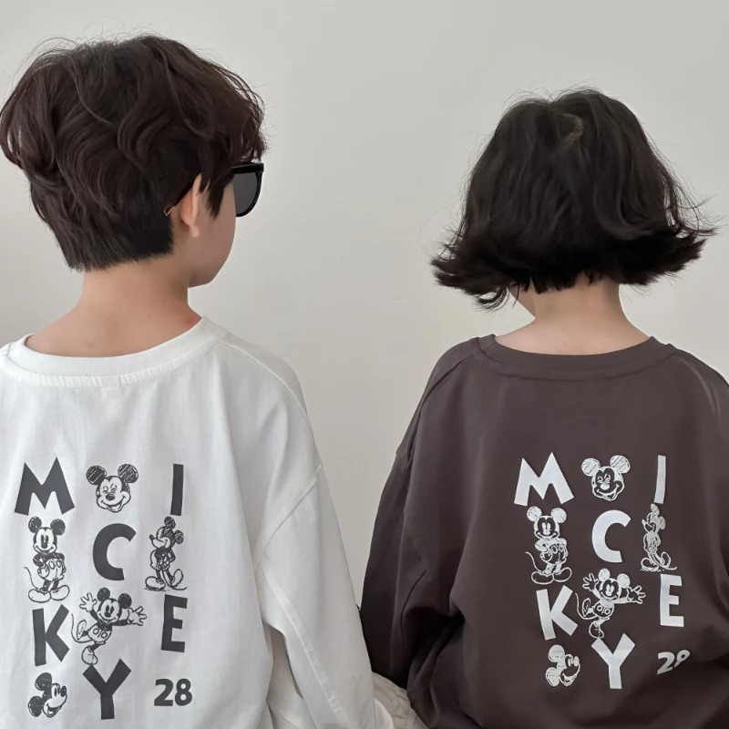 T-Shirt Boys Girls Autumn Korean Cartoon Letter Printing Round Neck Leisure Base Comfortable Cotton Active 250207