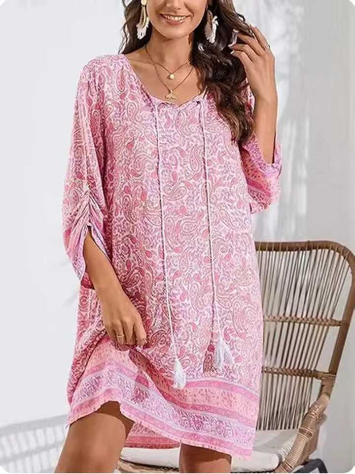 7 Colors Vintage Printed Dress Womens Round Neck Mid Sve Dresses Summer High Street Vacation Mini Dress RobeXJ2500207