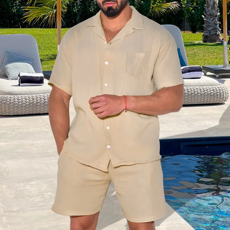 2024 Spot European and American Summer Sports Mens Short Sleeved Shorts Set Loose Casual Shirt 250207