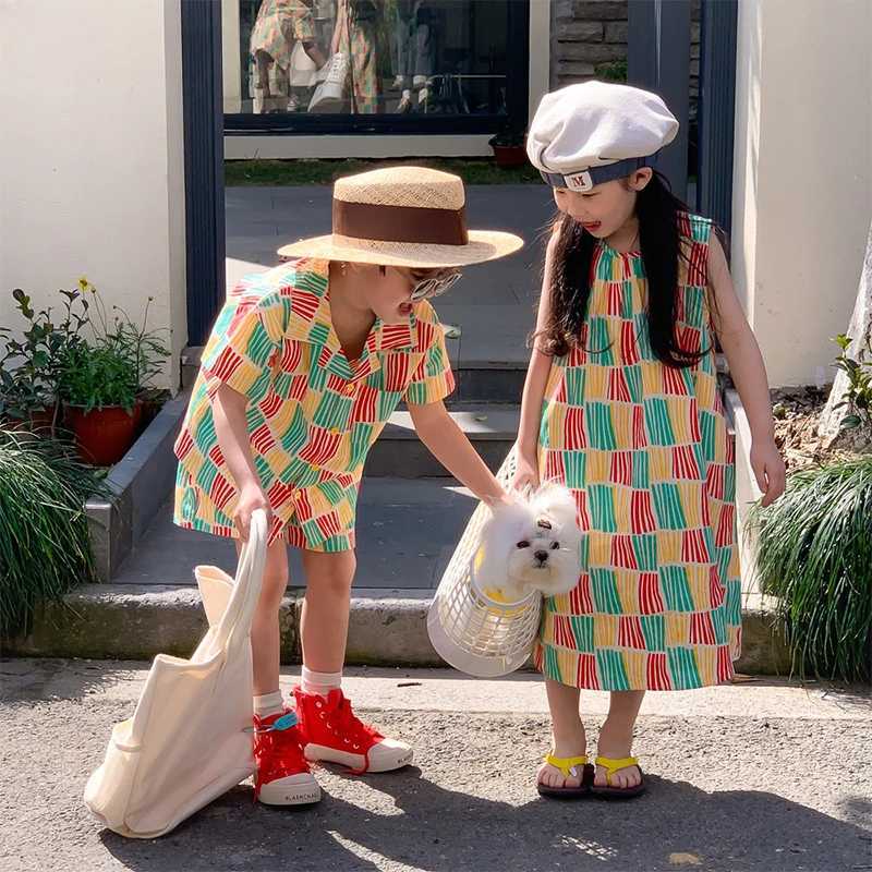 Summer Boy Clothes Set Girl dress Korean Style Contrast Stripe Shorts Set Sleeveless Skirt family matching outfits Sibling look W250207