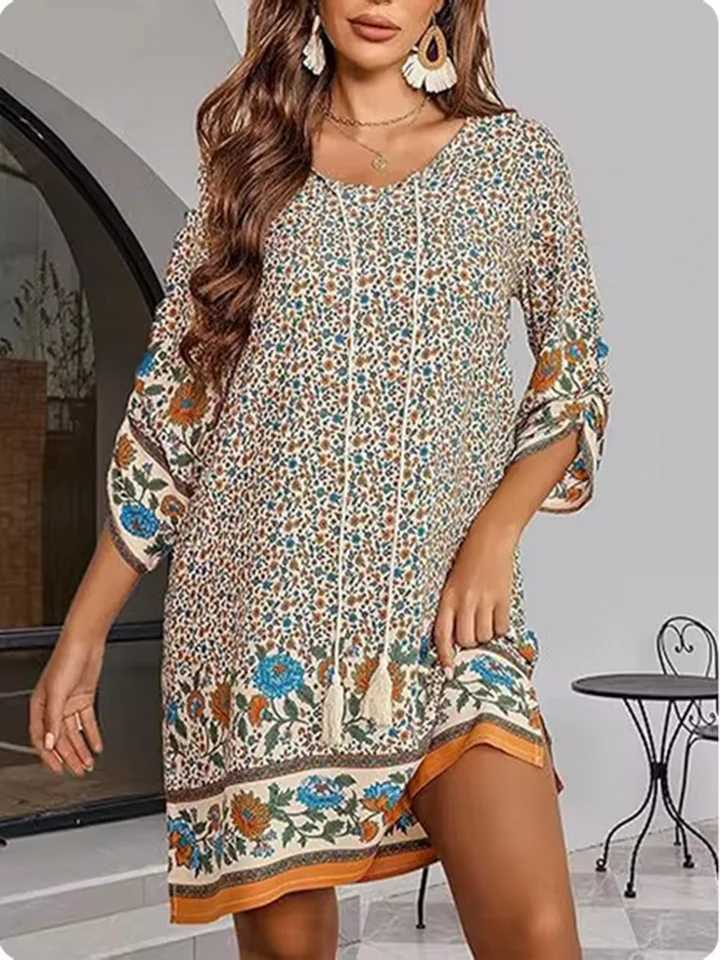 7 Colors Vintage Printed Dress Womens Round Neck Mid Sve Dresses Summer High Street Vacation Mini Dress RobeXJ2500207