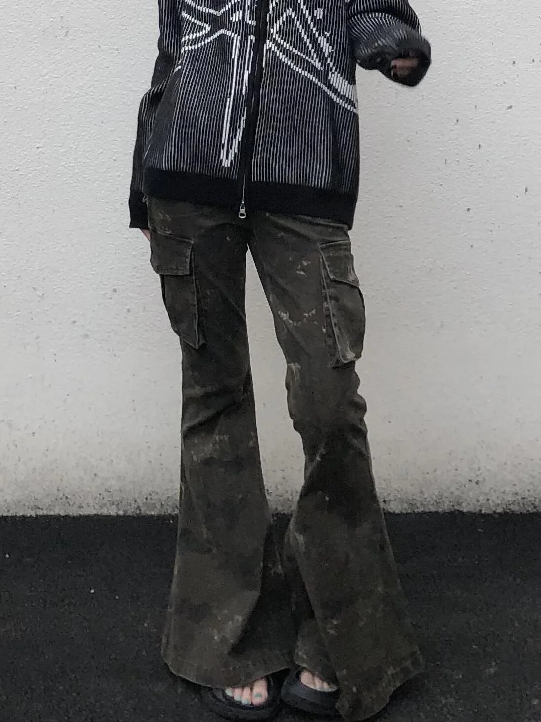 Vintage Camouflage Flare Jeans Grunge Women Low Rise Y2K Tie Dye Denim Pants 2000s Aesthetic Punk Harajuku Trousers Pantalones 250206