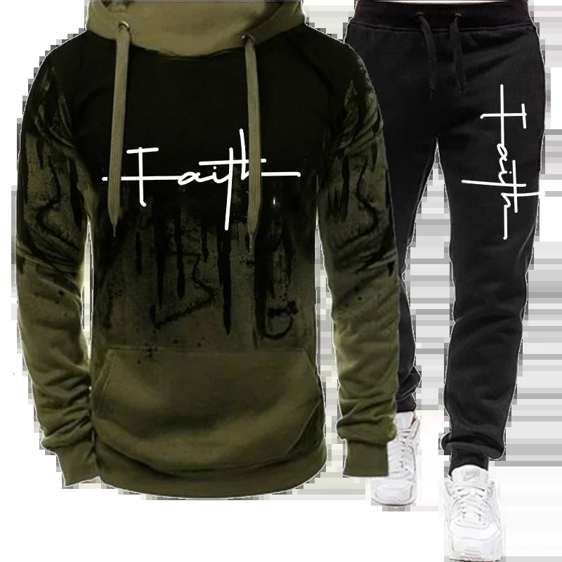 Fashion Faith Print autumn mens casual track suit sports shirt and pants twopiece set Plus size customization 250207