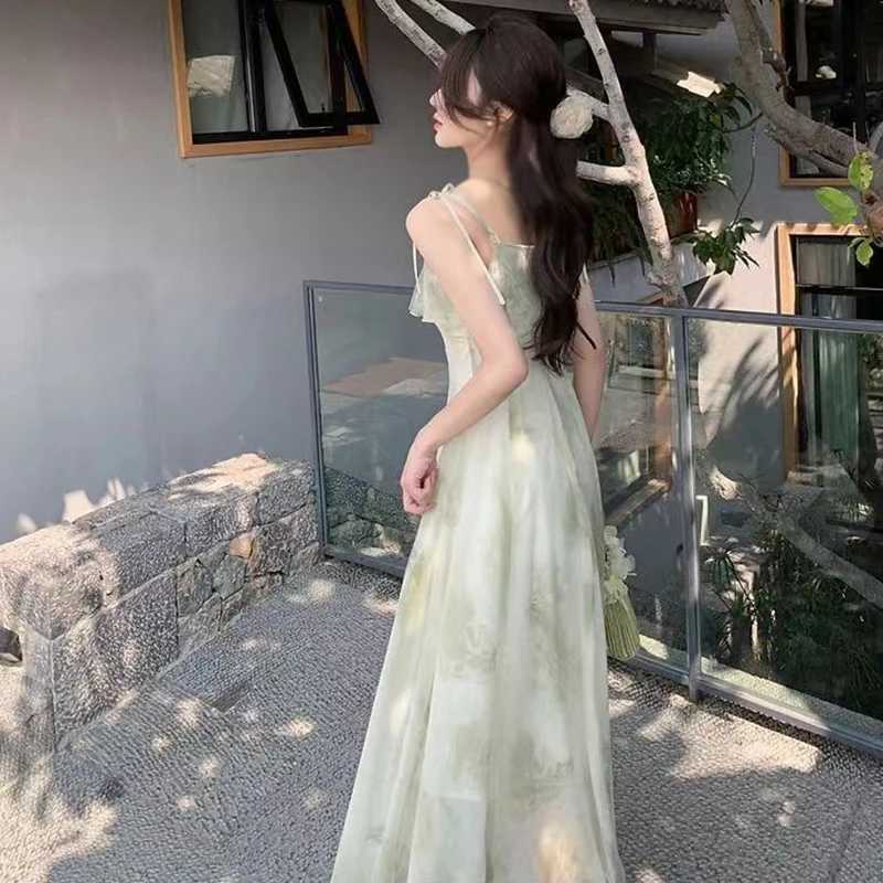Womens Tie-Dye Floral Sveless Halter Dress Summer Waist Slim Long Dress Ruffle Le Hem Halter Tenderness DressesXJ2500207