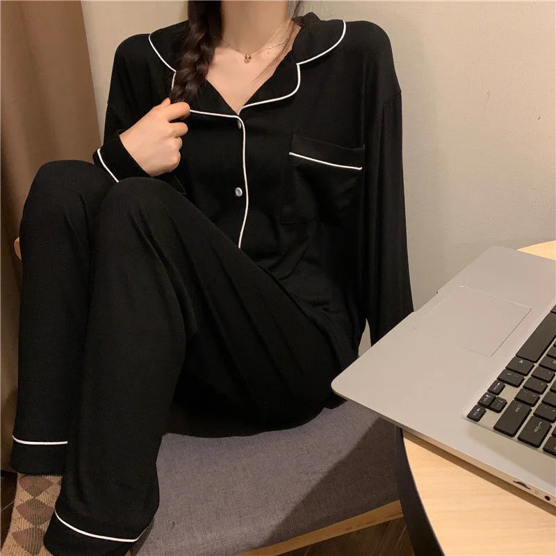 Korean Style Cute Pajama Woman Winter Autumn Sleepwear Lady Long Sleeve Tops Pants 2Piece Pyjamas Solid Lingeries Sets Nightwear 250207