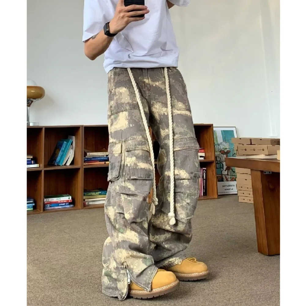 Autumn Camouflage Overalls men Clothing Cotton Drawstring Casual Baggy Pants Loose Wide-Leg Trousers Pantalones y2k homme 250206
