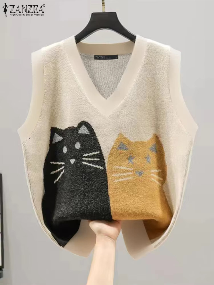 ZANZEA Spring Autumn Simple Tunics Vintage Cartoon Printed Vests Holiday V-Neck Knitted Outfits Women Sleeveless Cute Tank Tops