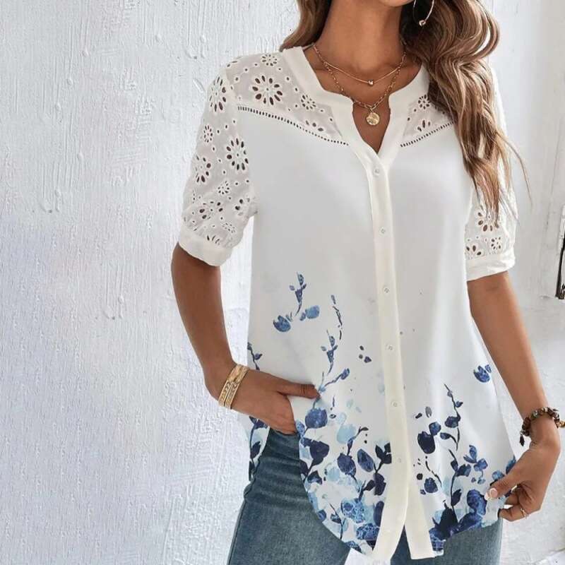 Buckle Flip Collar Short Sleeve Shirt Women's Top 2024 New Casual Fashion Trendy Clothing