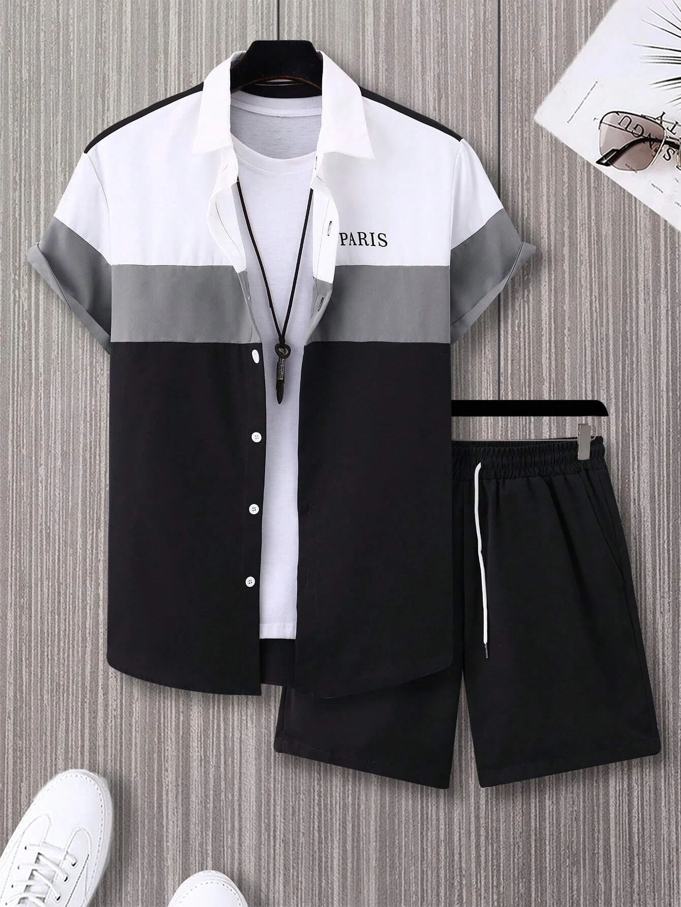 Mens Fashion Set Blue and White Patched Work Color Single breasted Short Sleeve Collar Shirt y2k Two Piece 250207