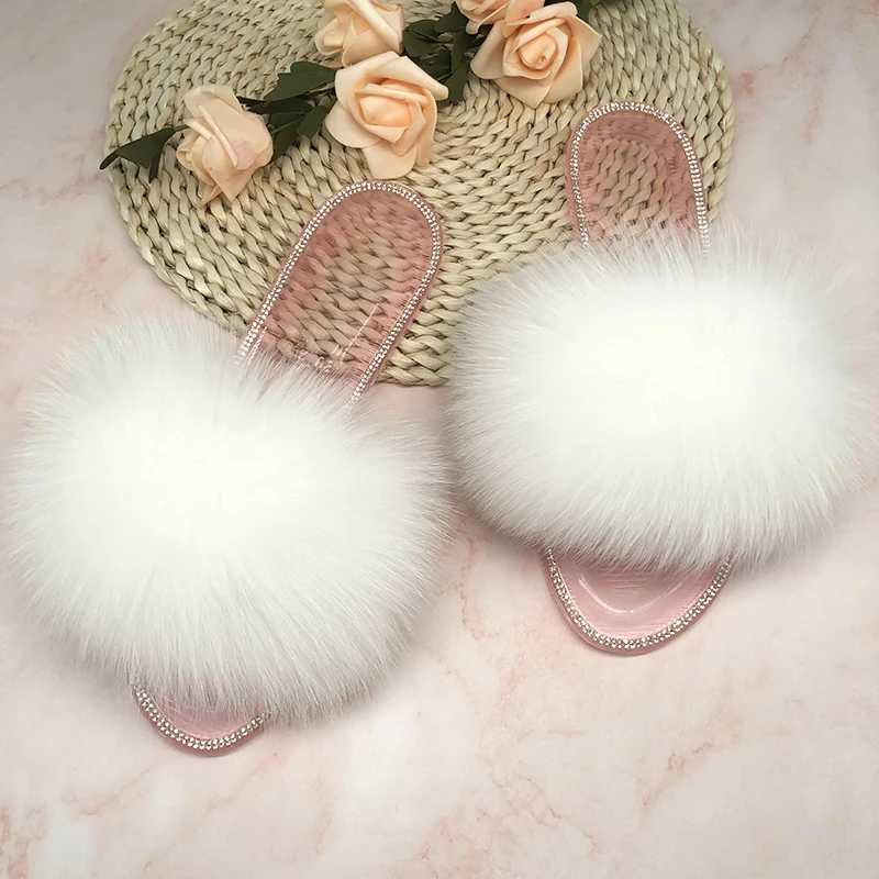 Summer Jelly Shoes Plush Fur Slippers Women Real Fox Fur Slides Outdoor Flat Sandals Big Size Shoes For Women Flip FlopsXJ250207