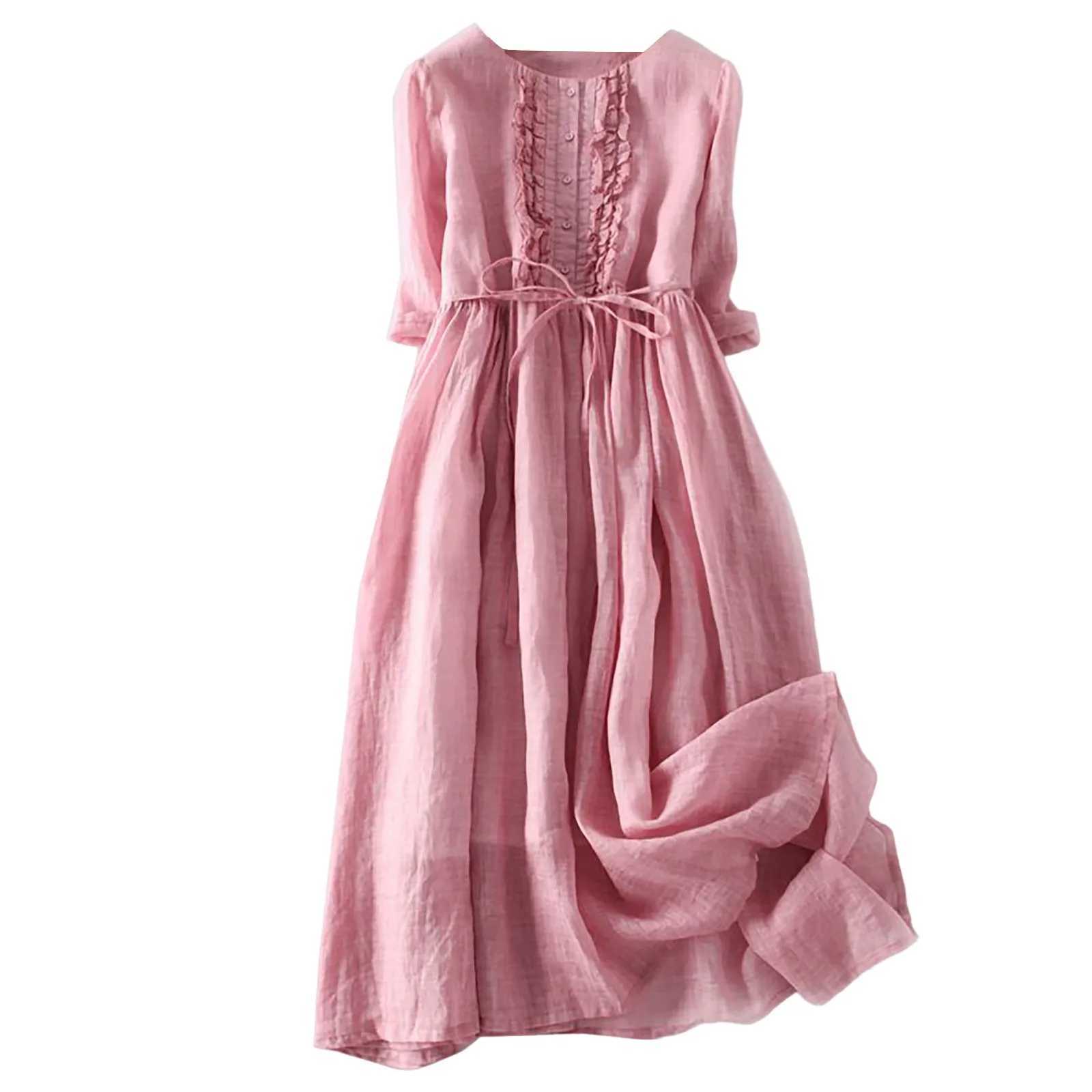 Pink Summer Dress for Women Vintage Cotton Linen Casual Loose Shirt Dress New Short-sved Mid-length Tunic Holiday Dress RobeXJ2500207