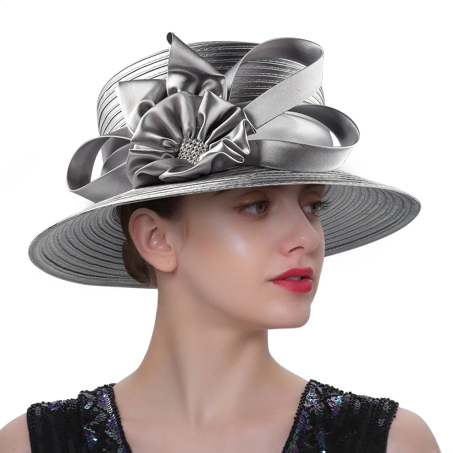 est Women Satin Cloth Flower Church Hat Elegant Pography Top Hat Fashion Female Banquet Fascinator Wedding Formal Hats 250207