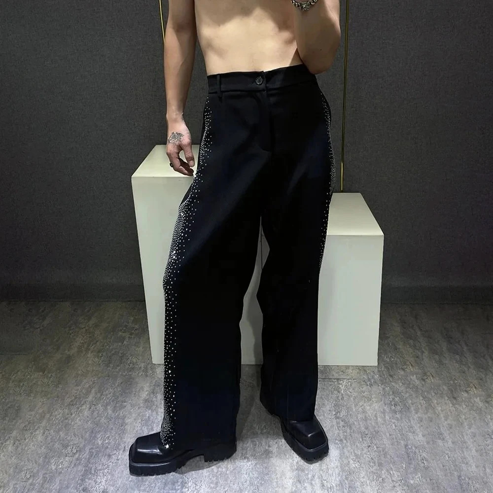 Mens Trousers Y2k Diamond Casual Pants Autumn Streetwear Fashion Campus Performance All-Match Wide-Leg Pants MenS Clothing 250206