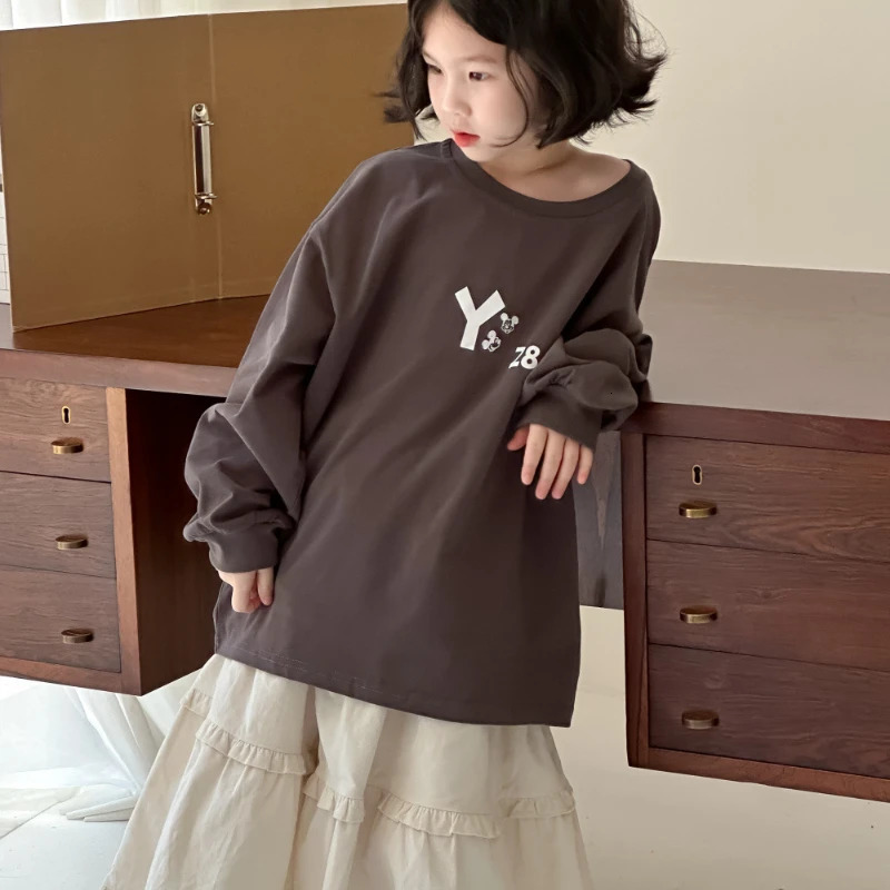 T-Shirt Boys Girls Autumn Korean Cartoon Letter Printing Round Neck Leisure Base Comfortable Cotton Active 250207