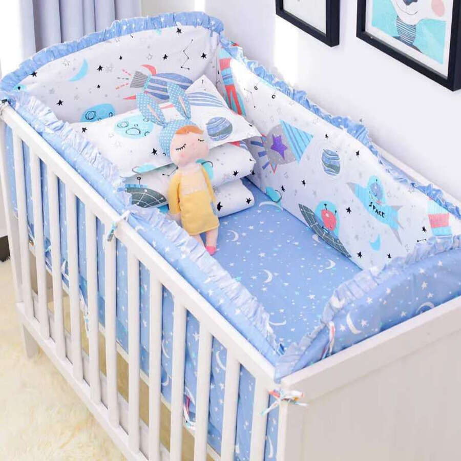 6Pcs/Set Blue Universe Design Crib Bedding Set Cotton Toddler Baby Ens Include Cot Bumpers Sheet Pillowcase