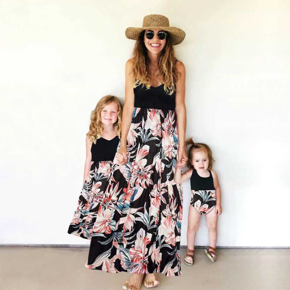 Mommy And Me Clothes Patchwork Print Sling Long Dress Baby Romper Jumpsuit 2022 Baby Girl Clothes Mom And Daughter Dress W250207