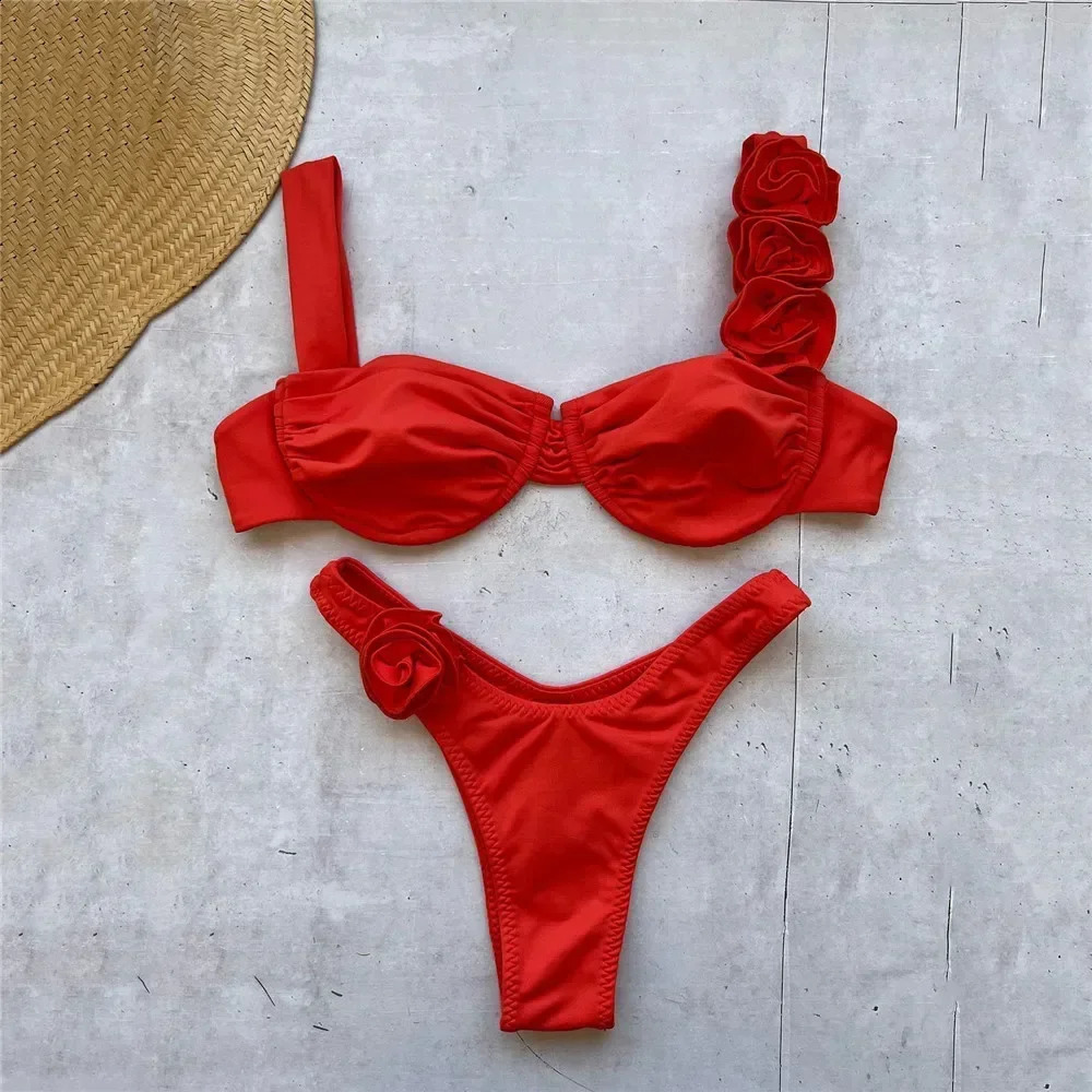 Sexy 3D Flower Shiny Pink Push Up Bikini 2025 Women Swimwear Underwired Swimsuit High Cut Bathing Suit Wrinkled Bikinis Sets 250113
