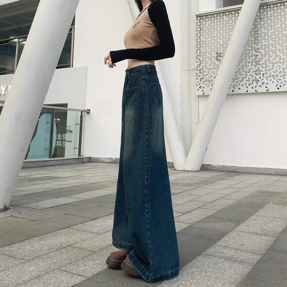 Petite girl 150CM short Hong Kong style retro straight leg jeans women loose slim high waist wide pants xs show height 250206
