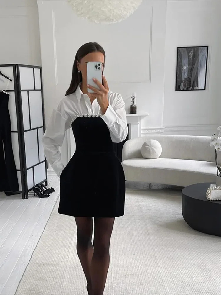 Elegant beaded square neck velvet womens dress fashionable high waisted Aline sleeveless short skirt 2025 chic party style 250206