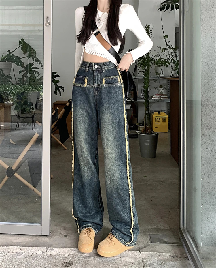 150 Petite girls American vintage furred jeans for women High waisted straight leg wide mop xs with a height of nine points 250206