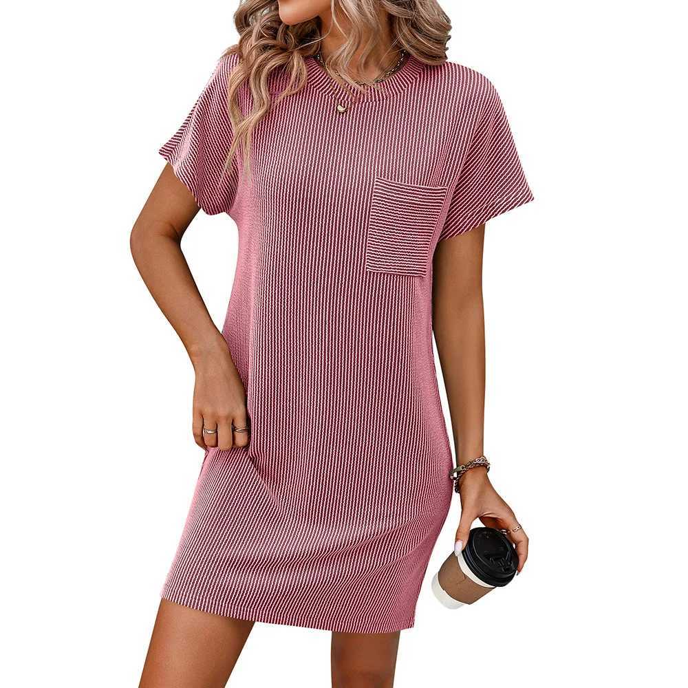 Womens Summer Dress 2024 New Casual Color Blocking Twisted Short Sve Pocket Dress Womens Beach Dress Straight DressXJ2500207