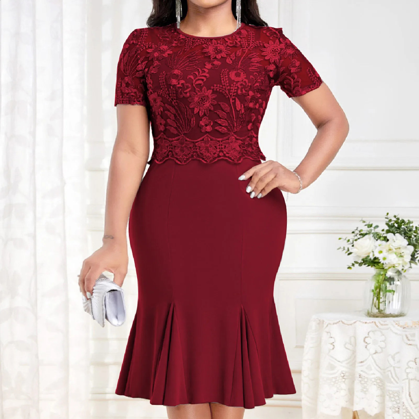Womens Plus Size Dresses Round Neck Short Sleeves Bodycon Dress Vintage Cocktail Party Dress 250207