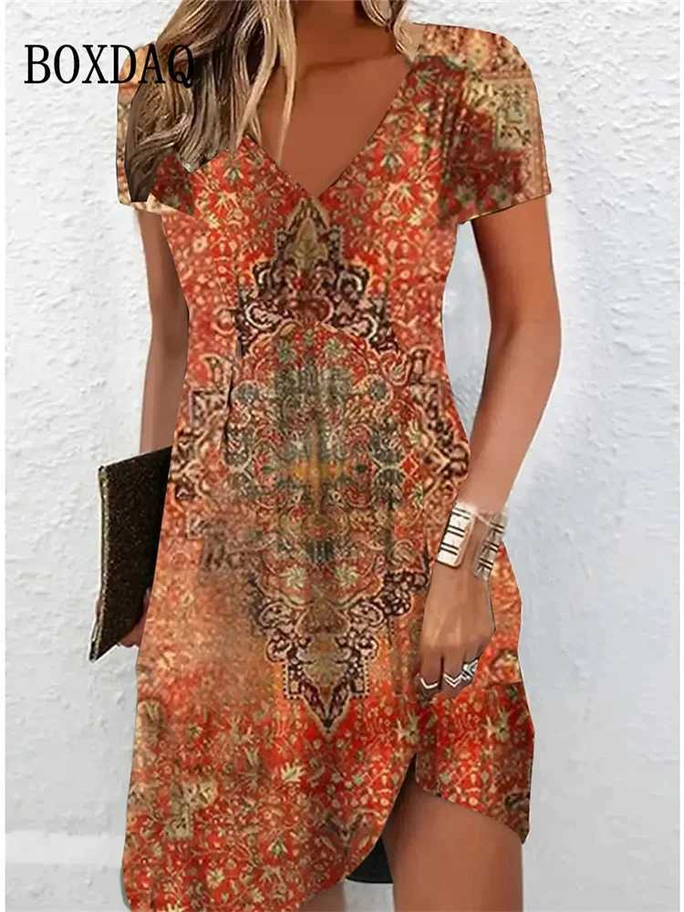 Vintage Women Midi Dresses For 2024 Ethnic Style Floral Print Loose Dress Plus Size Casual Short Sve Pullover V-Neck DressXJ2500207