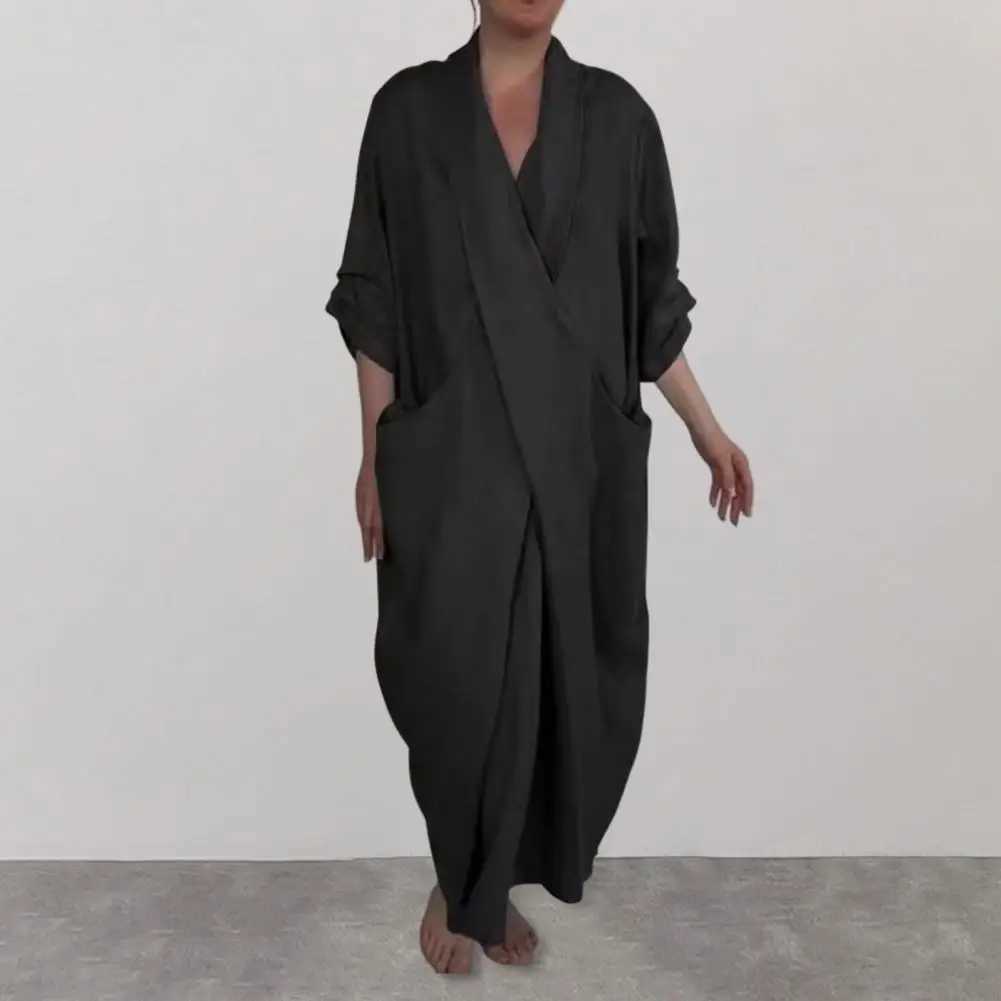 Spring Fall Maxi Dress Robe Baggy Cross V Neck Solid Color Large Pocket Retro A-line Bohemian Maxi Dress Casual Party Travel DreXJ2500207