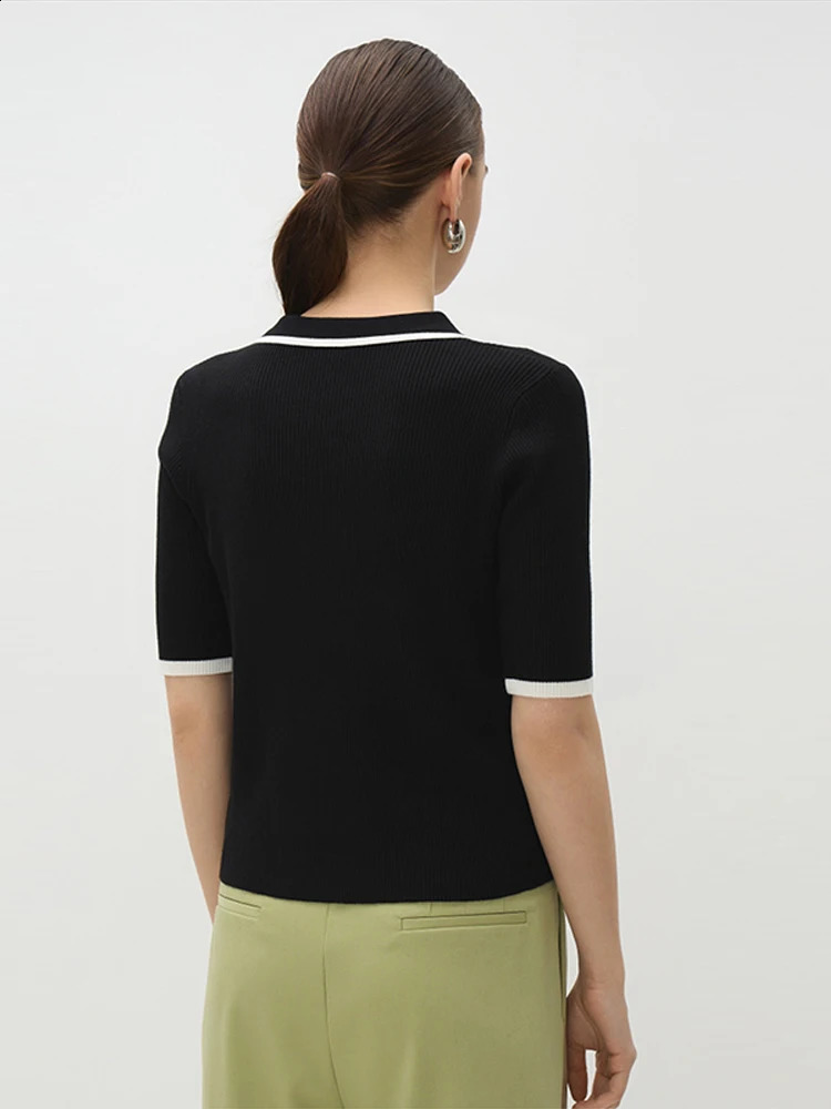 Casual Knitted Contrast Short Tops Women Elegant Laple Short Sleeve Female Polo Blouse 2025 Summer Fashion Chic Lady Outwears 250207