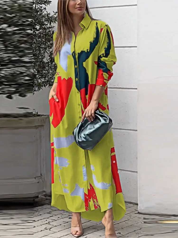 Womens Clothing 2024 Spring Fashion Print Sexy Slit Long Single Breasted Shirt Casual Comfortable With Pocket Irregular DressXJ2500207