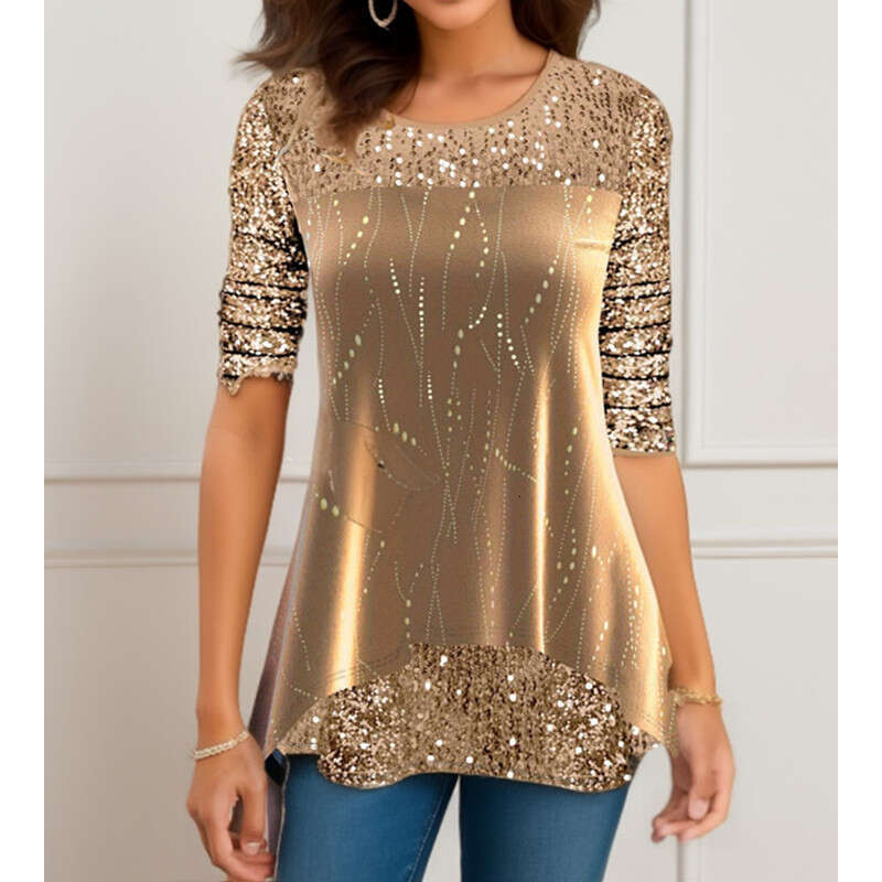 New European American popular women's tops for autumn winter, fashionable printed round neck T-shirt, 2024 new style, chic and elegant clothing