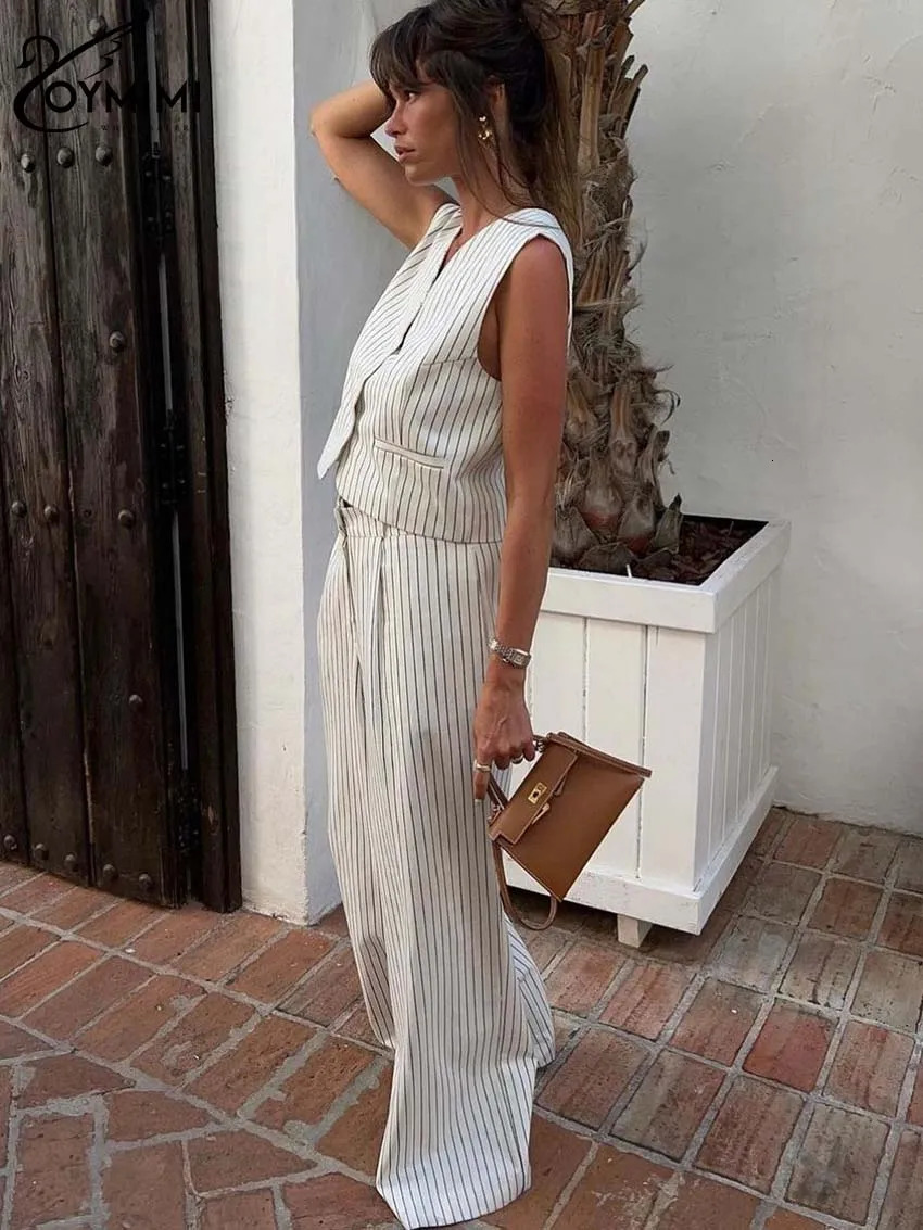 Oymimi Elegant White Print Two Piece Set For Women Fashion VNeck Sleeveless Button Tank Tops High Waist Straight Trousers 250206