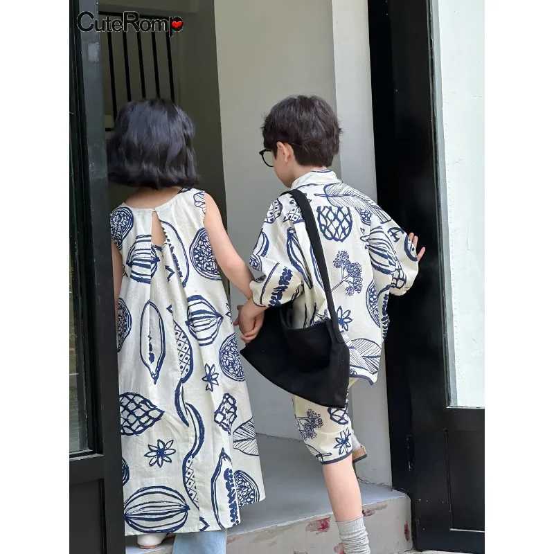 Irregular summer Drawing baby boy girl clothes casual dress Childrens clothing mother-kids Family Sibling look Beach outfit set W250207