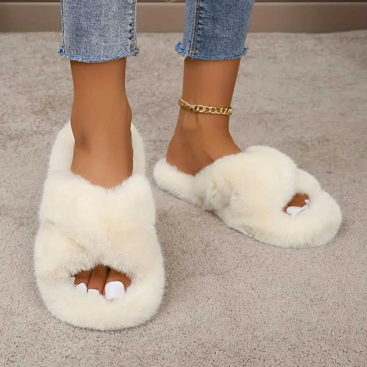 2023 Fluffy Furry Cross Band Fuzzy Slippers Cozy Open Toe Flat Plush House Shoes Comfy Warm Home Slides Winter Women SandalsXJ250207