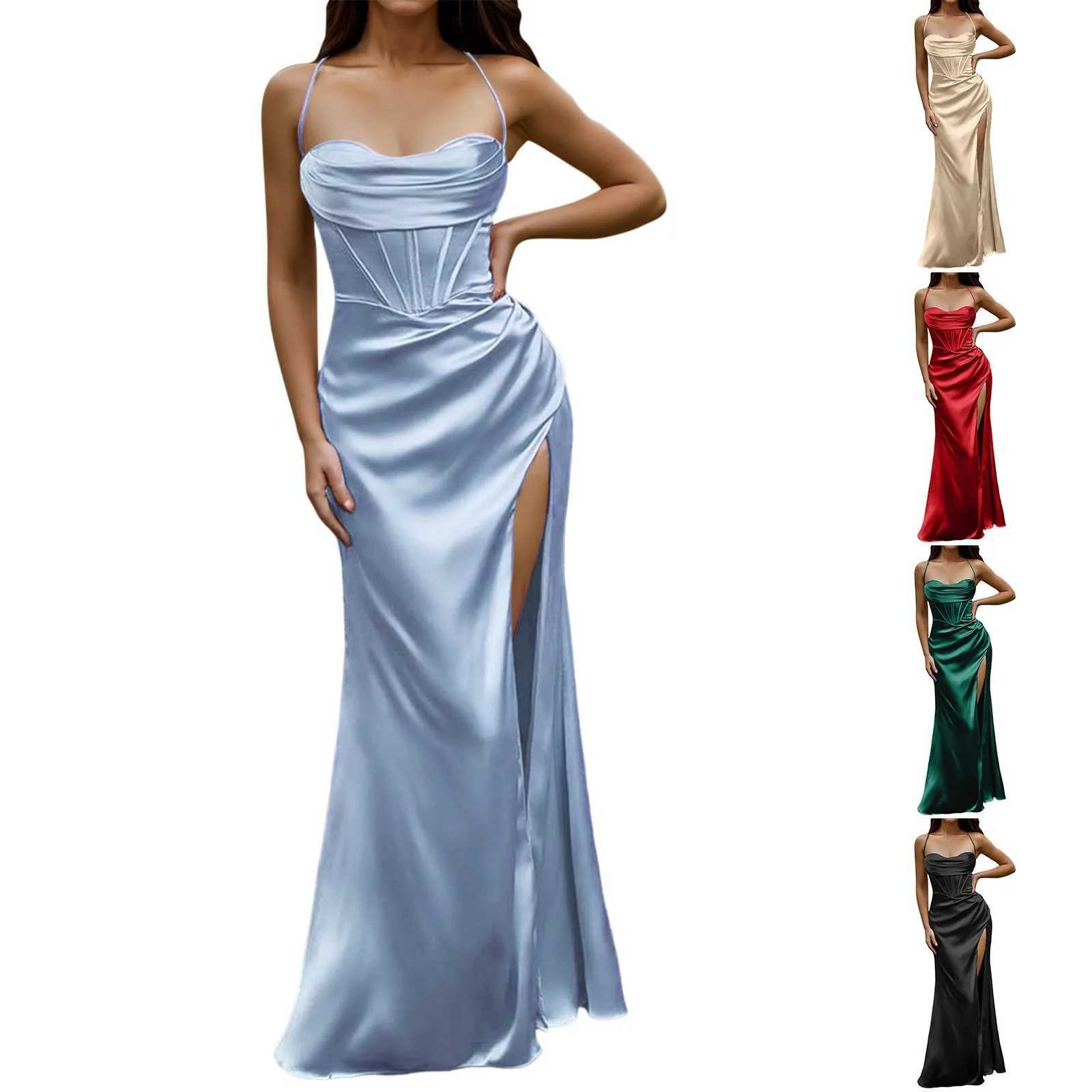 Red Satin Beach Party Maxi Dress for Women Sexy Side Slit Fishbone Corset Dress Backless Wedding Evening Prom Long Maxi DressesXJ2500207