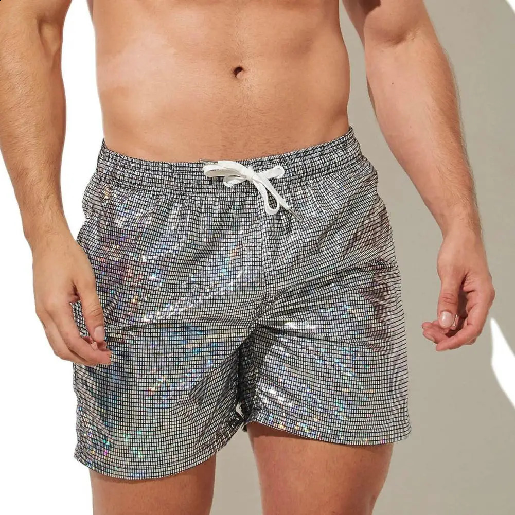 Metallic Print Beach Shorts Shiny Drawstring Mens Clothing with Elastic Waistband Quick Dry Mens Sequin Gym Pants for Running 250206